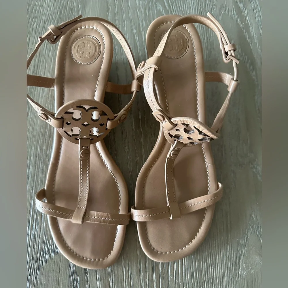 Tory Burch Tan Leather Logo Wedge Sandals - Picture 7 of 8